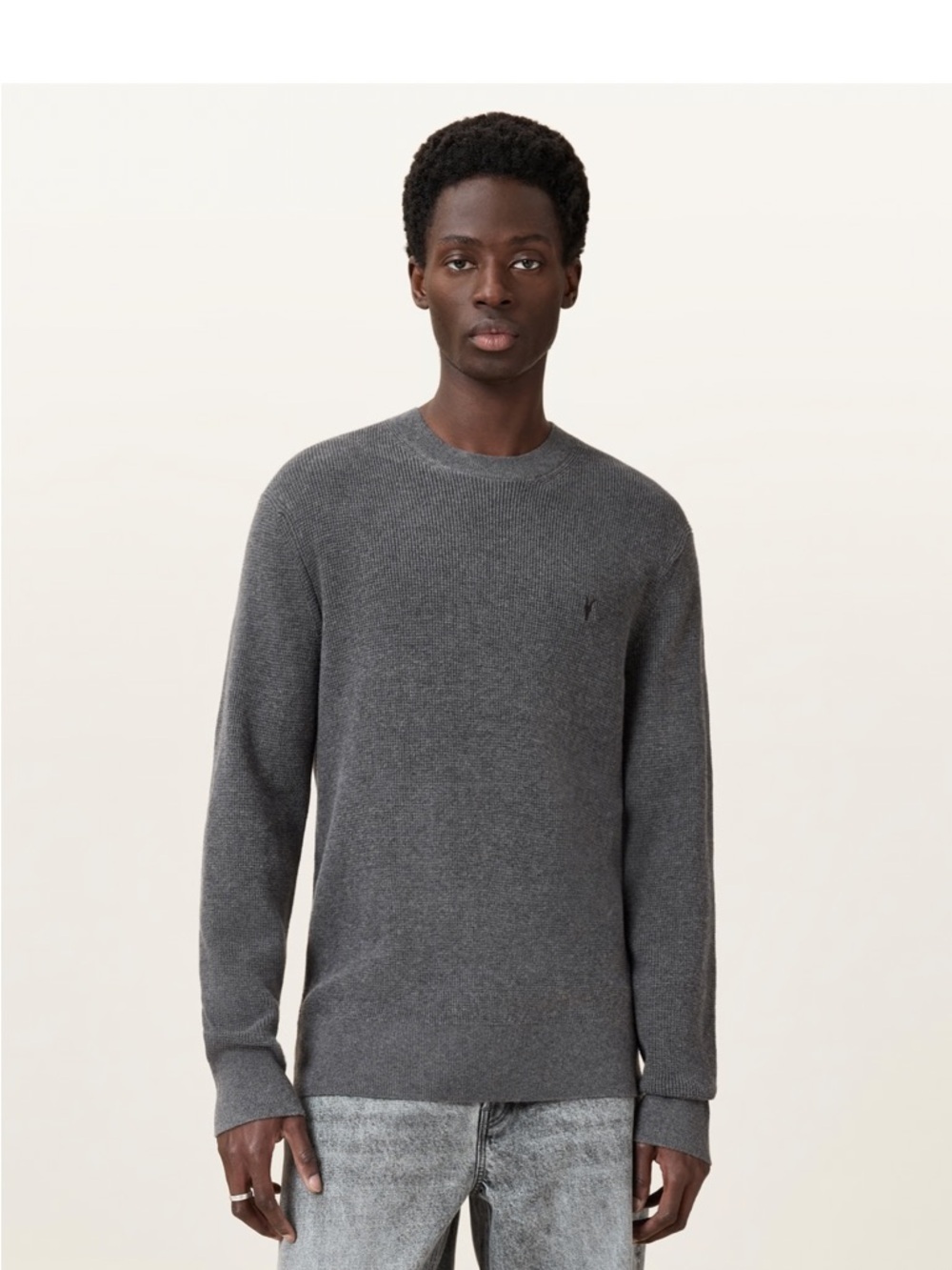 AllSaints Aspen Waffle Texture Crew Neck Ramskull Grey Sweater Size Small